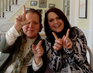 Jodi and I giving Katie and Randall the big "L" and "W" for punking them after they punked us!
