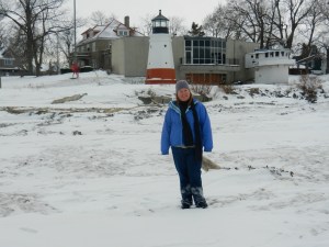Standing on frozen Lake Erie with the beach behind me.